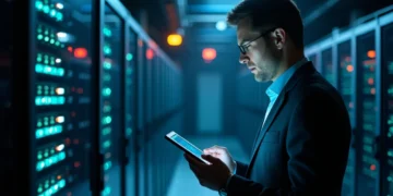 A man in a suit stands in a dimly lit server room, looking at a tablet device, surrounded by rows of illuminated computer servers. | GRAMHIR