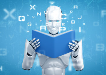 A white humanoid robot with blue eyes holds and reads a blue book, surrounded by floating letters on a digital blue background. | GRAMHIR