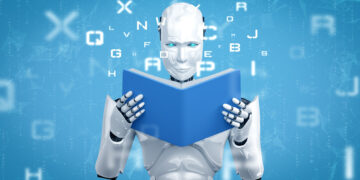 A white humanoid robot with blue eyes holds and reads a blue book, surrounded by floating letters on a digital blue background. | GRAMHIR