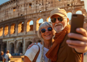 Smiling older couple wearing sunglasses and stylish outfits take a selfie in front of the Colosseum in Rome, capturing the joy of their Italy adventure on a sunny day. | GRAMHIR
