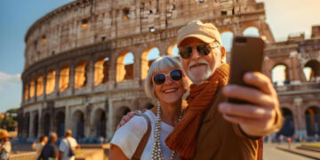Smiling older couple wearing sunglasses and stylish outfits take a selfie in front of the Colosseum in Rome, capturing the joy of their Italy adventure on a sunny day. | GRAMHIR