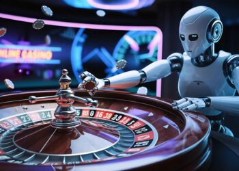 A humanoid robot plays roulette at a casino table, chips in hand and flying around. Neon lights and a digital sign reading "Online Casino" glow in the background—where AI meets the slot machine. | GRAMHIR