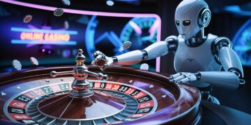 A humanoid robot plays roulette at a casino table, chips in hand and flying around. Neon lights and a digital sign reading "Online Casino" glow in the background—where AI meets the slot machine. | GRAMHIR