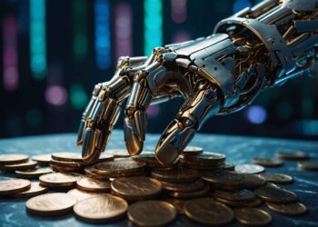 A robotic hand reaching for stacks of coins on a table, with colorful lights blurred in the background.