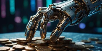 A robotic hand reaching for stacks of coins on a table, with colorful lights blurred in the background.