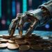 A robotic hand reaching for stacks of coins on a table, with colorful lights blurred in the background.