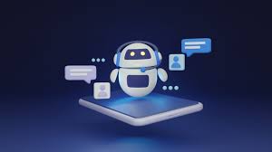 A cute, cartoon-style robot wearing a headset floats above a digital tablet, surrounded by blue chat bubbles, symbolizing virtual assistant or chatbot communication on a dark background. | GRAMHIR