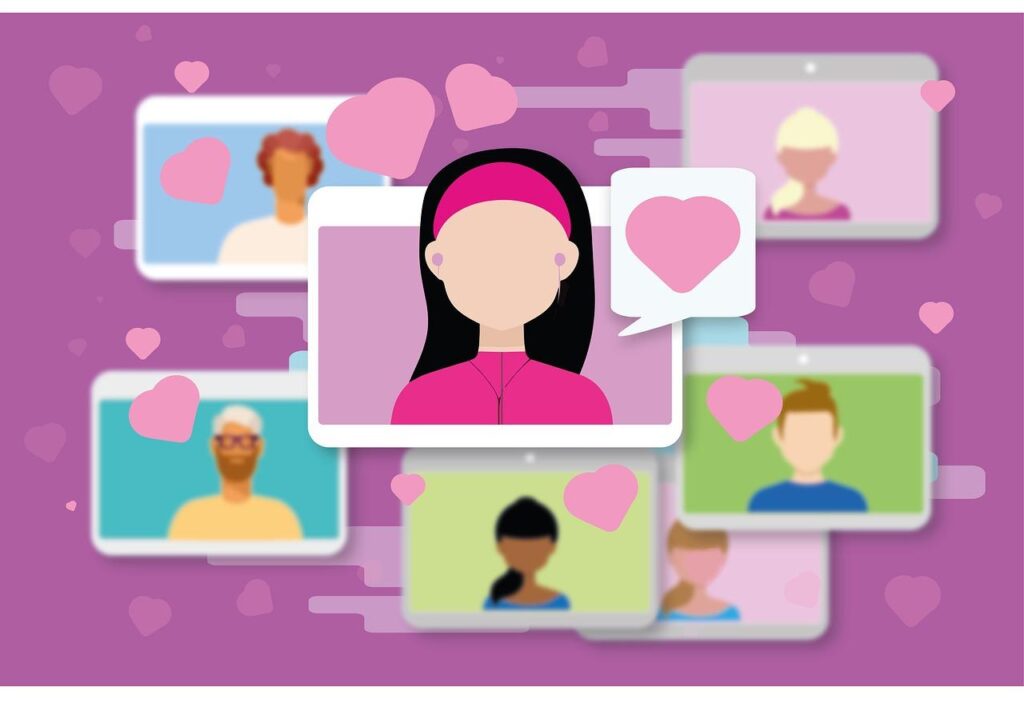 Illustration of several diverse people, including influencers, on video call screens with heart icons, symbolizing virtual connection or online dating, set against a purple background with floating hearts. | GRAMHIR