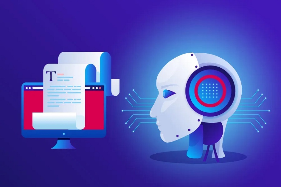 An illustration of a computer monitor displaying documents on the left and a robotic head with circuitry connections on the right, symbolizing artificial intelligence and digital technology. | GRAMHIR