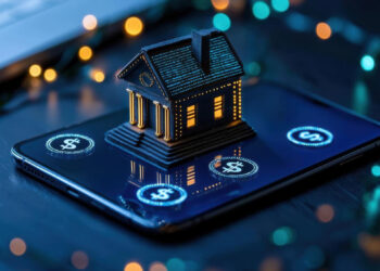 A miniature house with lit windows sits on a smartphone surrounded by glowing icons showing currency symbols, illustrating the concept of digital real estate or online property investment. | GRAMHIR