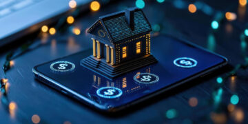 A miniature house with lit windows sits on a smartphone surrounded by glowing icons showing currency symbols, illustrating the concept of digital real estate or online property investment. | GRAMHIR