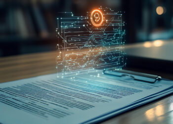 A signed document on a clipboard sits on a desk, with a glowing digital hologram of a fingerprint and circuit-like lines hovering above it, symbolizing electronic signature or digital security. | GRAMHIR