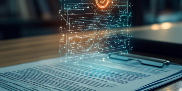 A signed document on a clipboard sits on a desk, with a glowing digital hologram of a fingerprint and circuit-like lines hovering above it, symbolizing electronic signature or digital security. | GRAMHIR