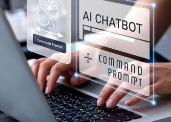 Hands typing on a laptop keyboard, with digital overlays showing "AI Chatbot," "Command Prompt," and an illustrated brain, representing artificial intelligence and chatbot technology. | GRAMHIR