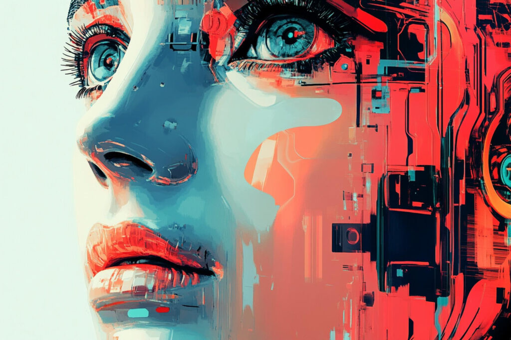 A digital artwork shows a close-up of a woman’s face blended with futuristic red and blue circuitry, creating a human-robot hybrid appearance reminiscent of Gramhir.pro AI Art. | GRAMHIR