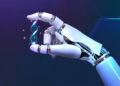 A robotic hand delicately holds a glowing digital DNA strand against a dark blue, futuristic background with hexagonal patterns. | GRAMHIR