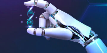 A robotic hand delicately holds a glowing digital DNA strand against a dark blue, futuristic background with hexagonal patterns. | GRAMHIR