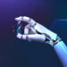 A robotic hand delicately holds a glowing digital DNA strand against a dark blue, futuristic background with hexagonal patterns. | GRAMHIR