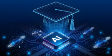 A glowing AI microchip with digital lines connects to a wireframe graduation cap, symbolizing education and technology, set on a blue futuristic background. | GRAMHIR