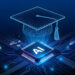 A glowing AI microchip with digital lines connects to a wireframe graduation cap, symbolizing education and technology, set on a blue futuristic background. | GRAMHIR