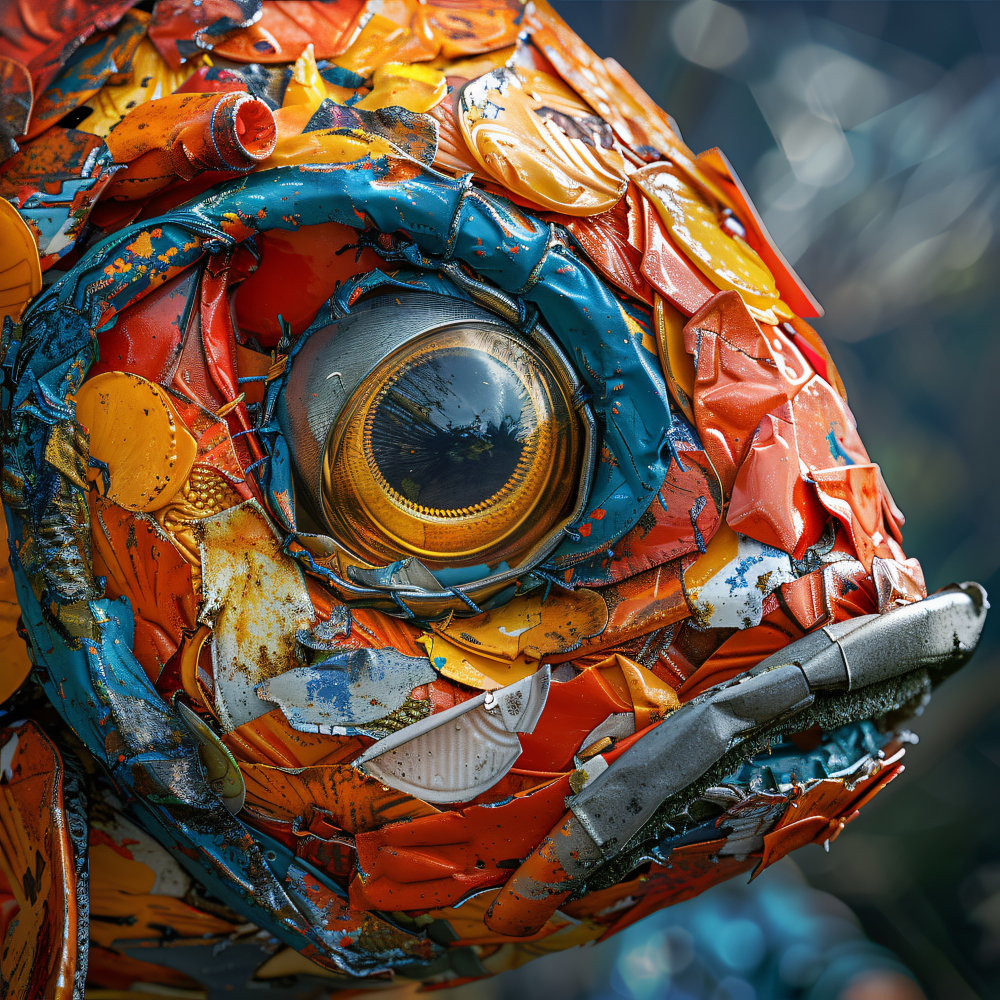 A close-up of a fish sculpture made from colorful, recycled metal and plastic pieces, featuring a large, detailed eye and a patchwork of orange, blue, and silver components—crafted with the creative touch of Gramhir.pro AI Art. | GRAMHIR