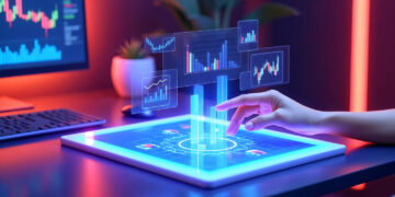 A hand interacts with a glowing digital tablet displaying holographic charts and graphs, with a computer monitor and potted plant in the background, creating a futuristic data analysis scene. | GRAMHIR