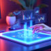 A hand interacts with a glowing digital tablet displaying holographic charts and graphs, with a computer monitor and potted plant in the background, creating a futuristic data analysis scene. | GRAMHIR
