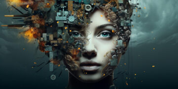 A woman’s face merges with mechanical gears, circuits, and wires on one side, blending human and machine elements. The background is dark and cloudy with glowing orange sparks floating around. | GRAMHIR