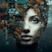 A woman’s face merges with mechanical gears, circuits, and wires on one side, blending human and machine elements. The background is dark and cloudy with glowing orange sparks floating around. | GRAMHIR