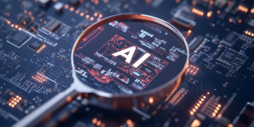 A magnifying glass hovers over a computer circuit board, highlighting the glowing letters “AI” to symbolize artificial intelligence technology and digital innovation. | GRAMHIR