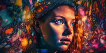 A young woman wearing a knit hat gazes thoughtfully amid a vibrant, colorful background of abstract leaves and lights, creating a dreamy, magical atmosphere. | GRAMHIR
