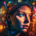 A young woman wearing a knit hat gazes thoughtfully amid a vibrant, colorful background of abstract leaves and lights, creating a dreamy, magical atmosphere. | GRAMHIR