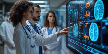 Doctors in lab coats review brain scans and medical data on a large digital screen in a modern hospital setting, discussing results. | GRAMHIR
