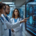 Doctors in lab coats review brain scans and medical data on a large digital screen in a modern hospital setting, discussing results. | GRAMHIR