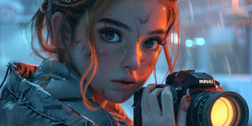 A young woman with freckles holds a camera in snowy weather, looking directly at the viewer. She wears a winter jacket, her hair in a messy bun, with snowflakes on her hair and clothes. | GRAMHIR