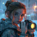 A young woman with freckles holds a camera in snowy weather, looking directly at the viewer. She wears a winter jacket, her hair in a messy bun, with snowflakes on her hair and clothes. | GRAMHIR