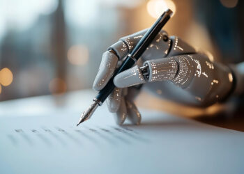 A robotic hand holding a pen writes on a sheet of paper, with soft, blurred lights in the background. | GRAMHIR