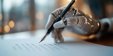 A robotic hand holding a pen writes on a sheet of paper, with soft, blurred lights in the background. | GRAMHIR