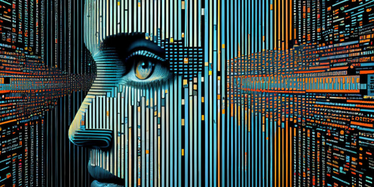 A digital artwork of a human face blended with vertical and horizontal lines, evoking the concept of artificial intelligence, data, and technology integration. The eye is prominently featured, symbolizing awareness and perception. | GRAMHIR